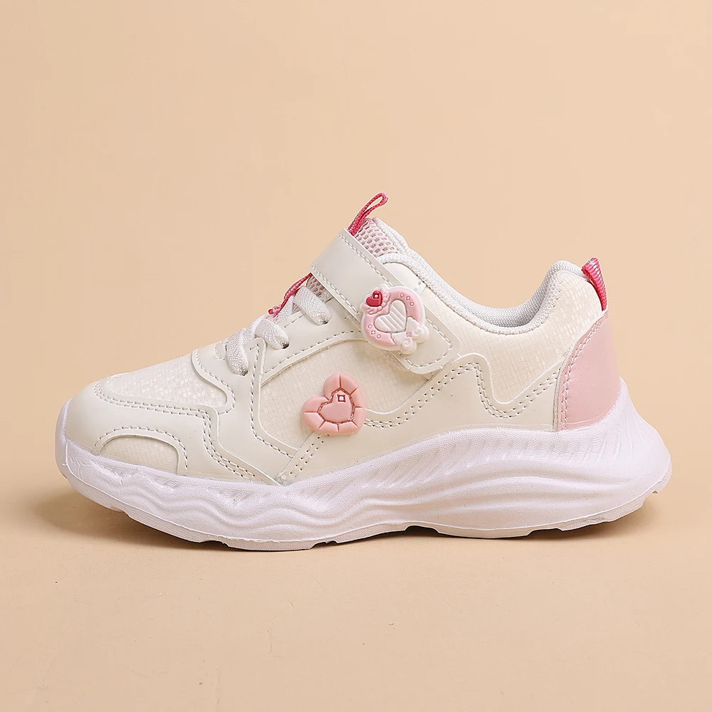 COMFY KIDS Girls' Sweet Heart Flower Hook‑and‑Loop Sneakers, Soft Cushioned Wavy Non‑Slip Platform Shoes, Spring Autumn Lightwei