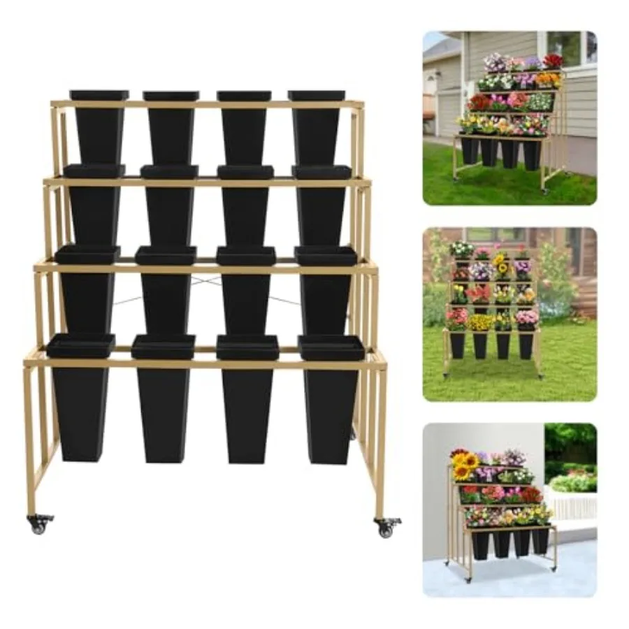حامل عرض الزهور مع 16 دلوًا و4 طبقات حامل نباتي مع عجلات عالمية ورف باقة زهور متحرك عالي التحمل للمنزل #6