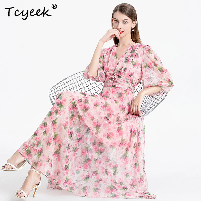 Tcyeek Abito floreale in vera seta di gelso al 100% Abiti estivi 2025 Donna francese dolce dimagrante scollo a V A-line Abito lungo nuovo 상ssi