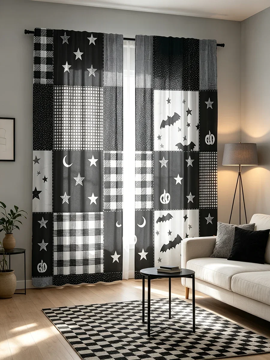 Halloween Black and White Pattern Curtain Panels Spooky Stars Bats Moon Nursery Room Decor Window Dressing