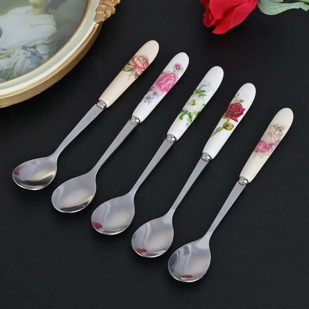 Home & Living Stainless Steel Rose Flowers Coffee Spoon TeaSpoon Kitchen & Dining Dessert Scoop