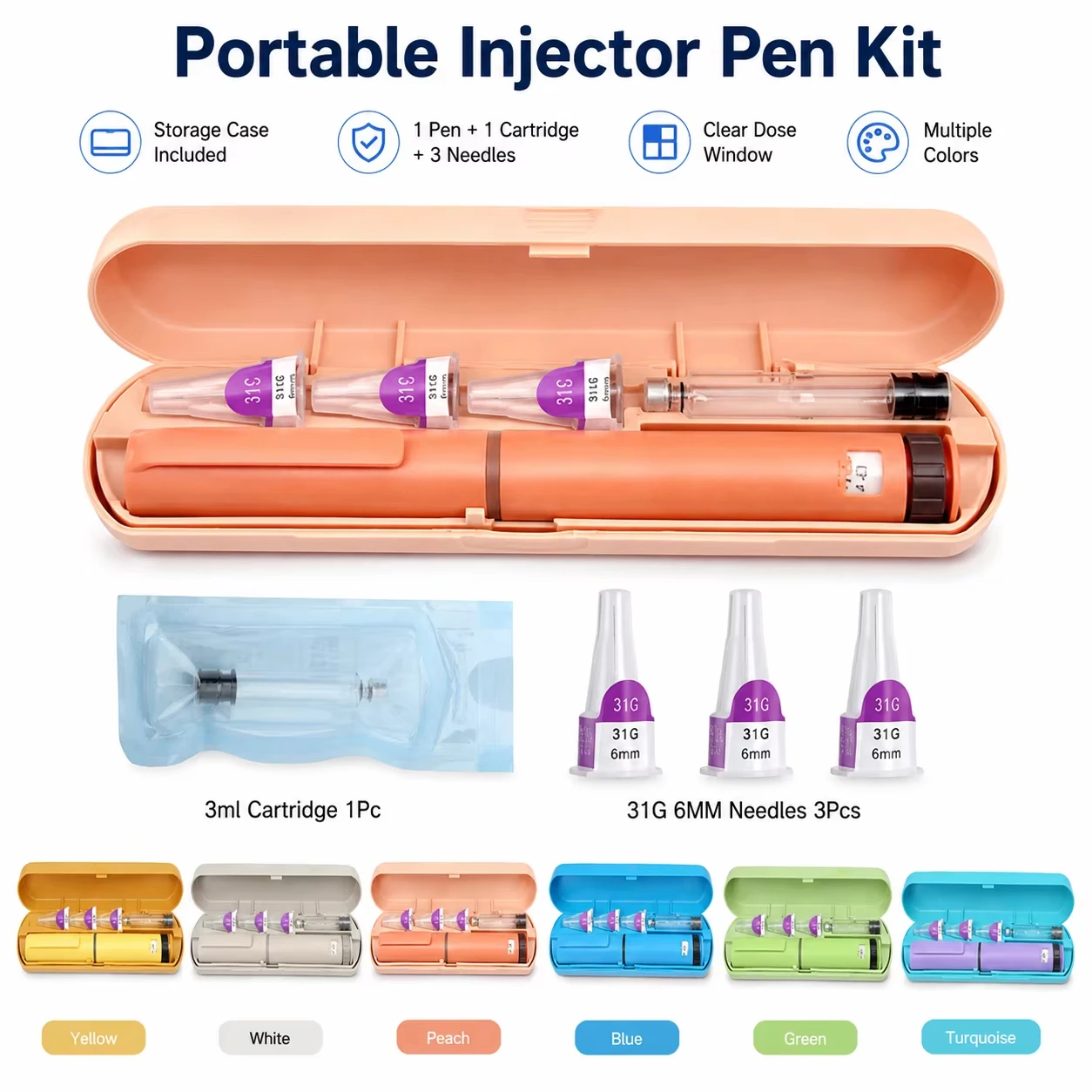 Colorful Reusable Insulin Injection Pen Set With 32G 4MM Needle 3ml Cartridge 60U Peptide Pen Portable Case Dosage Control