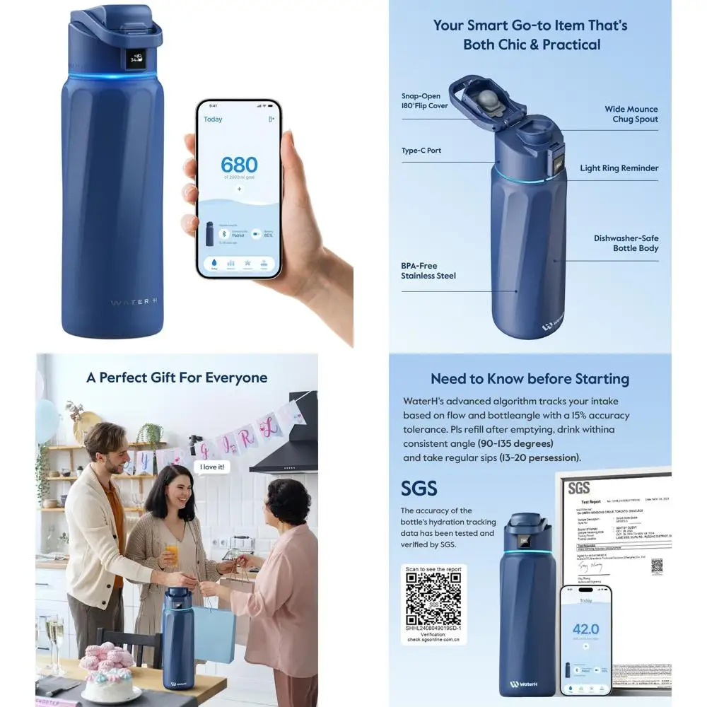 

Умная бутылка для воды с напоминанием и трекером, нержавеющая сталь с вакуумной изоляцией, широкая горловина без BPA на 32 унции для фитнеса, работы, учебы,