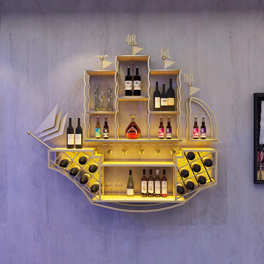 

Gold Wine Rack Iron Led Lights Restaurant Bar Modern Wall Mounted Hanging Wine Cabinet Decorative Cantina Vino Club Furniture