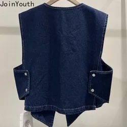 2024 Ropa Mujer Denim Women Vest Sleeveless V-neck Tunic Tanks Streetwear Fashion Casual Waistcot Crop Tops Chalecos Para Mujer