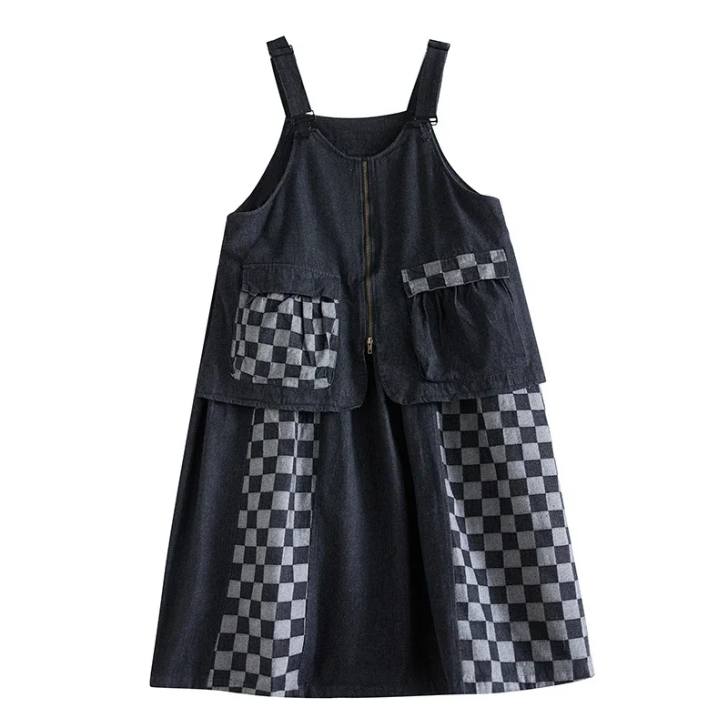 Women's Casual Solid A-Line Straps Overall Sunress Plaid Checked Black Patchwork Cotton Denim Strap Dresses