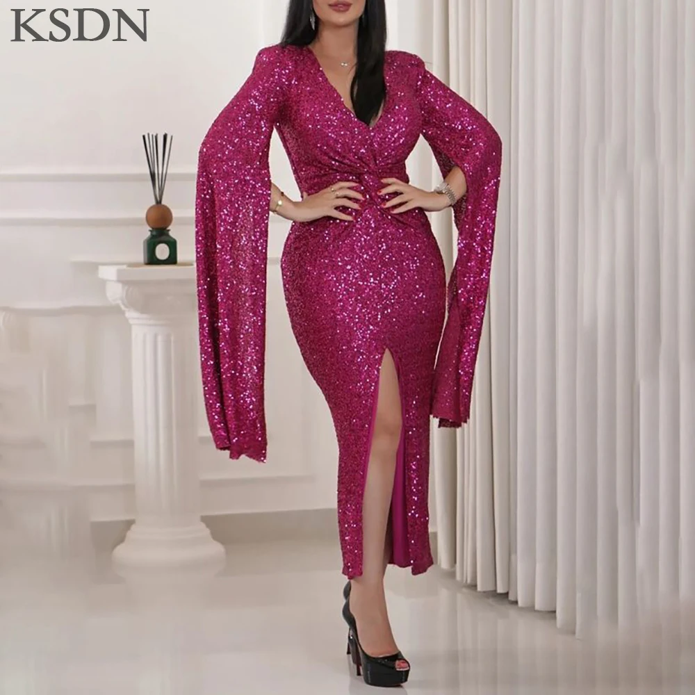 Gaun Malam Berkilau KSDN Gaun Sweetheart Panjang Teh Lengan Panjang Model Cap Fashion Gaun Wanita Seksi untuk Acara Spesial Vestidos