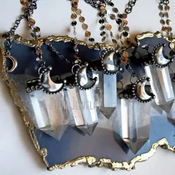 10pcs Clear Quartz Crystal Necklace Crescent Moon Pyrite Charm Silver Plated Stainless Steel Chain Collar Arcane Boho Jewelry