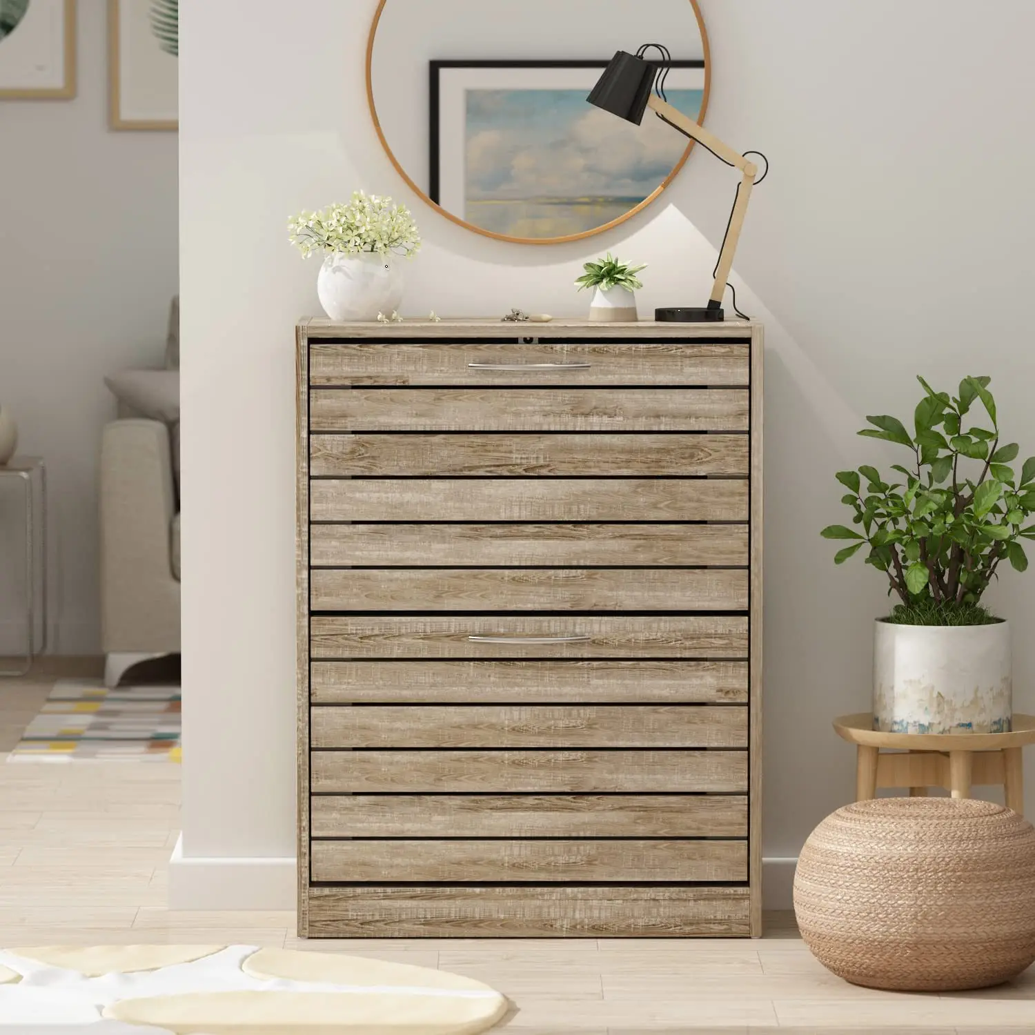 22.4 in. W x 29.5 in. H Gray Wood Louver Door Shoe Storage Cabinet with 2-Drawers for Entryway Hallway