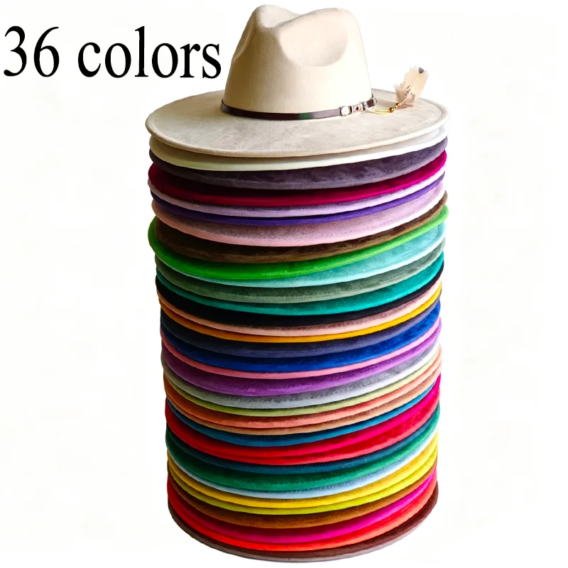 QK Suede Turquoise Feather Wide Brim Felt Fedoras Hat Accessories for Women Men Church Jazz Cap Panama Hat Wholesale fedora