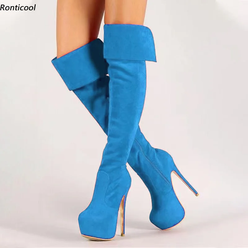 

Ronticool женские сапоги выше колена на платформе с боковой молнией на шпильке с круглым носком, великолепная 11-цветная бутиковая обувь, размер США 5-20