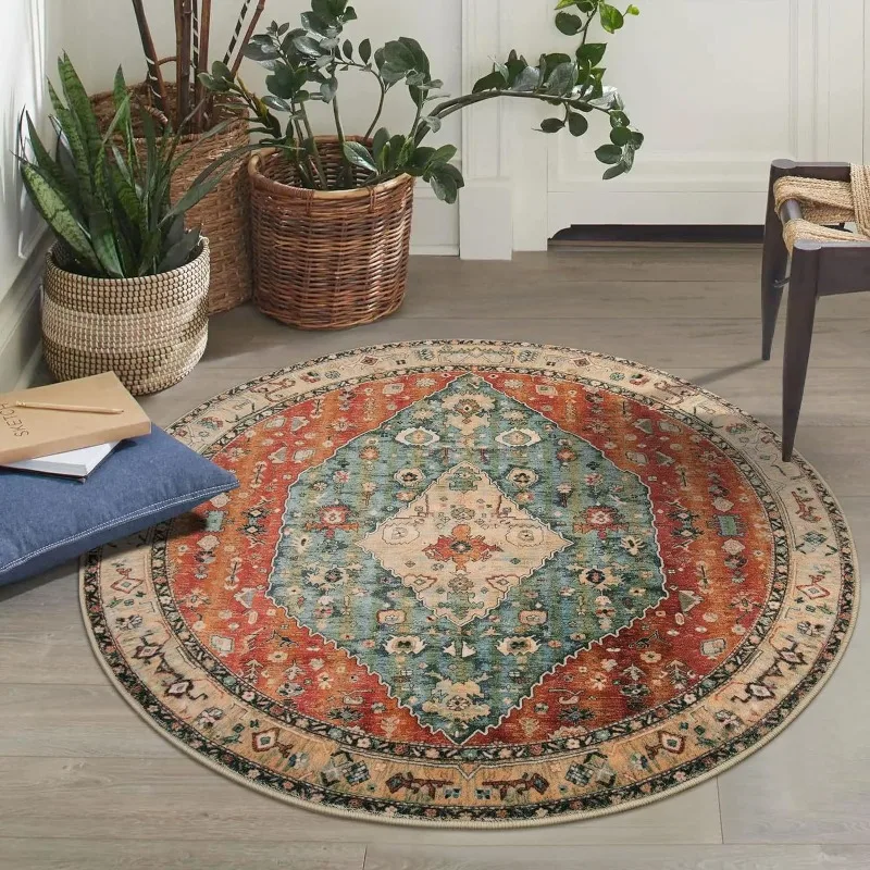 Bohemian Persia Style Print Round Rug Non-Slip Circle Carpet for Living Room Floor Mat for Chair Coffee Table Bedside Decoration