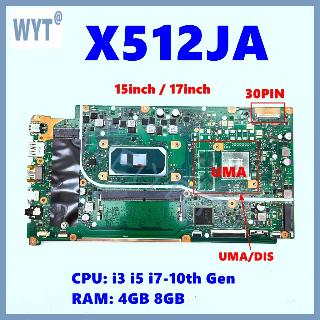 

X512JA Laptop Mainboard X712JA X712J X512JP X512JF S512J A512J K512J F512J V5000J Motherboard i3 i5 i7-10th Gen CPU 4GB/8GB-RAM