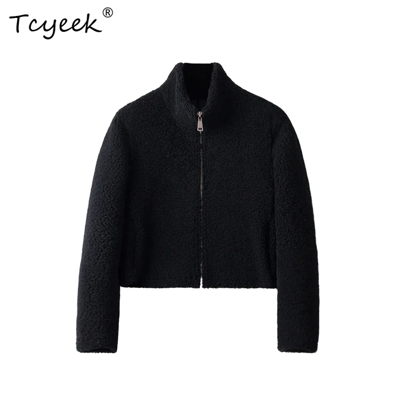 Tcyeek Genuine Wool Autumn Winter High End Fur Integrated Stand Up Collar Black Short Women's Wool Fur Coat Fourrures Femme