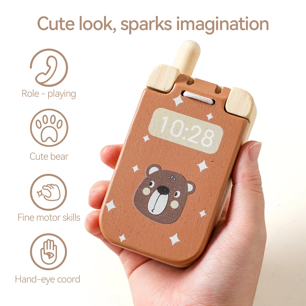 Bear Flip Phone Toys Baby Safety Mirror Screen Press Buttons Wooden Toys for Baby Role Play Fine Motor Skills Wooden Rattle Gift