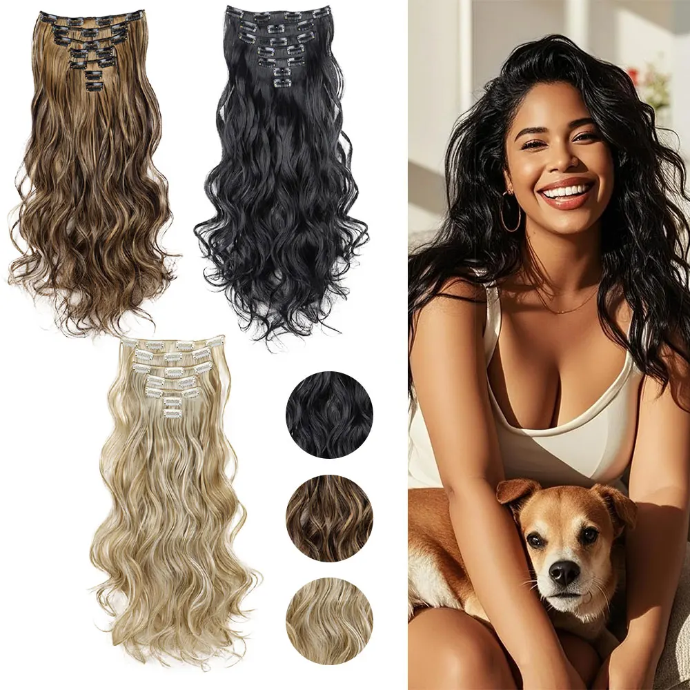

18Inch 7pcs/set Synthetic Hair Extension Long Curly 16Clips Heat Resistant Mixed Color Wavy Style for Women Hairpiece for Women