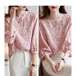 Women's S-3XL Size New best-selling Demana pink chiffon shirt with a three quarter sleeve top design and a unique floral shirt