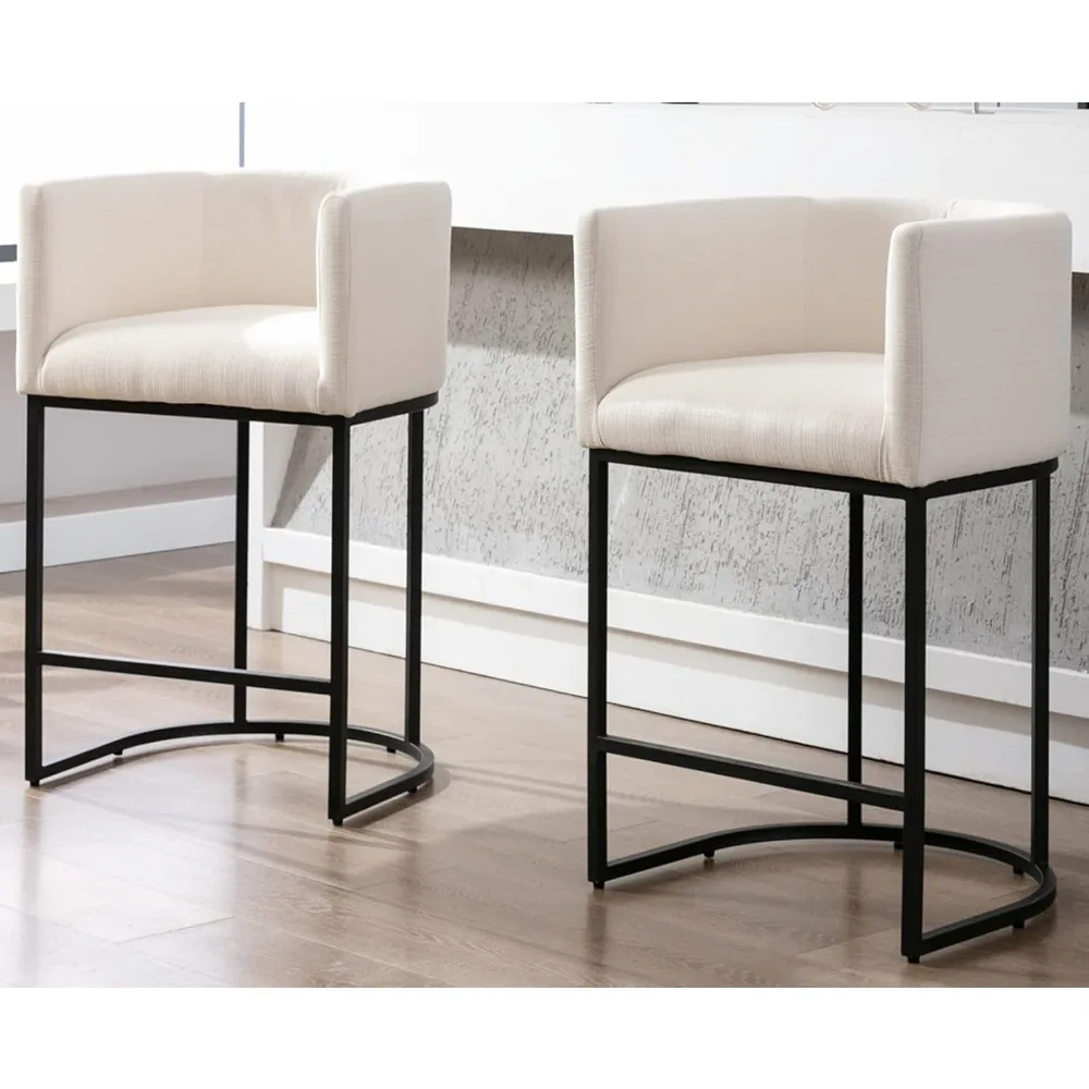 

29" H Bar Height Bar Stools with Barrel Back and Arms, 4.5" H Upholstered Seat Cushion Linen Modern Kitchen Island Chairs