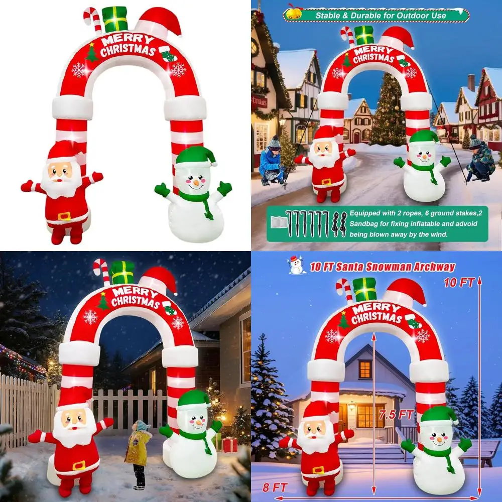

Рождественская арка Санта-Снеговика со светодиодной подсветкой, 10 футов, гигантский надувной праздничный декор для газона и двора с конфетами и подарочной коробкой для улицы
