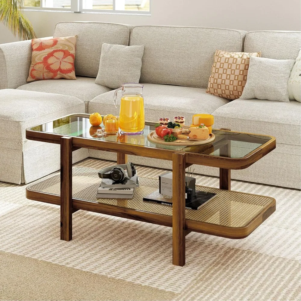 Rattan Coffee Table, 47.5”L Boho Cocktail Tables, 2-Tier Center Table with Tempered Glass Tabletop, PE Rattan Shelf & A