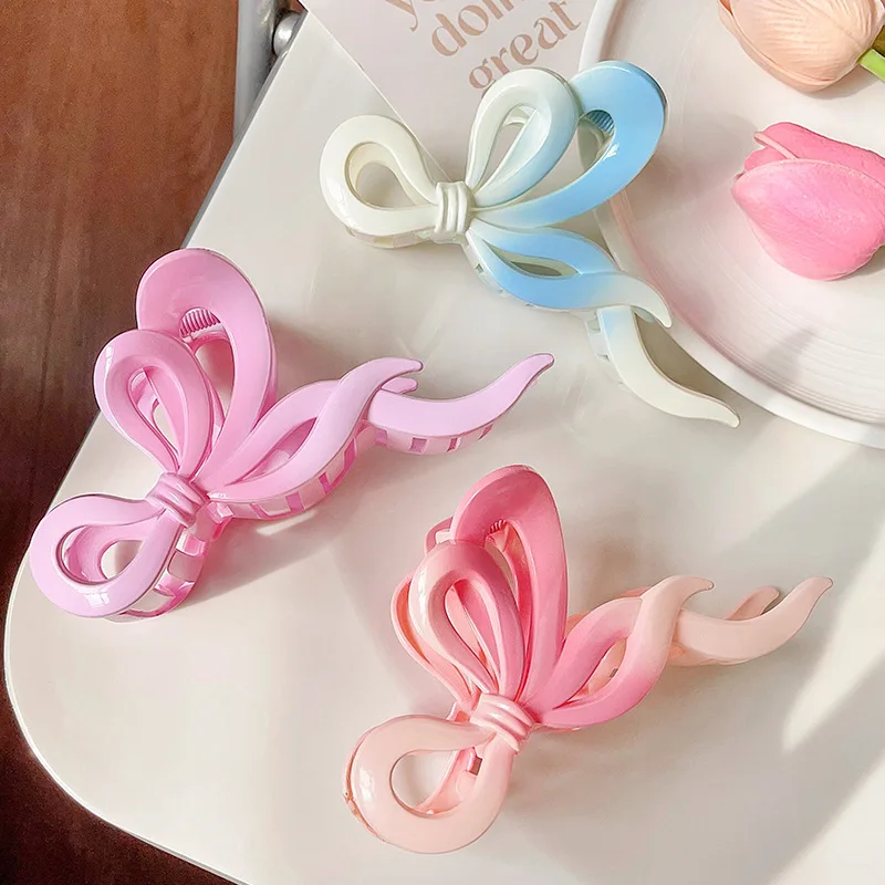 Gradient Color Bow Ribbon Grab Clip Hollow Out Sweet Girls Hair Clamp Clip Korean Temperament Hair Grab Girl Hairpin Accessories