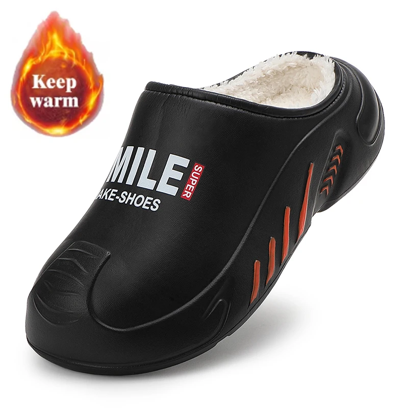 

Winter new fashionable men's cotton slippers leather casual waterproof gardening shoes cold resistant and warm home plush shoes