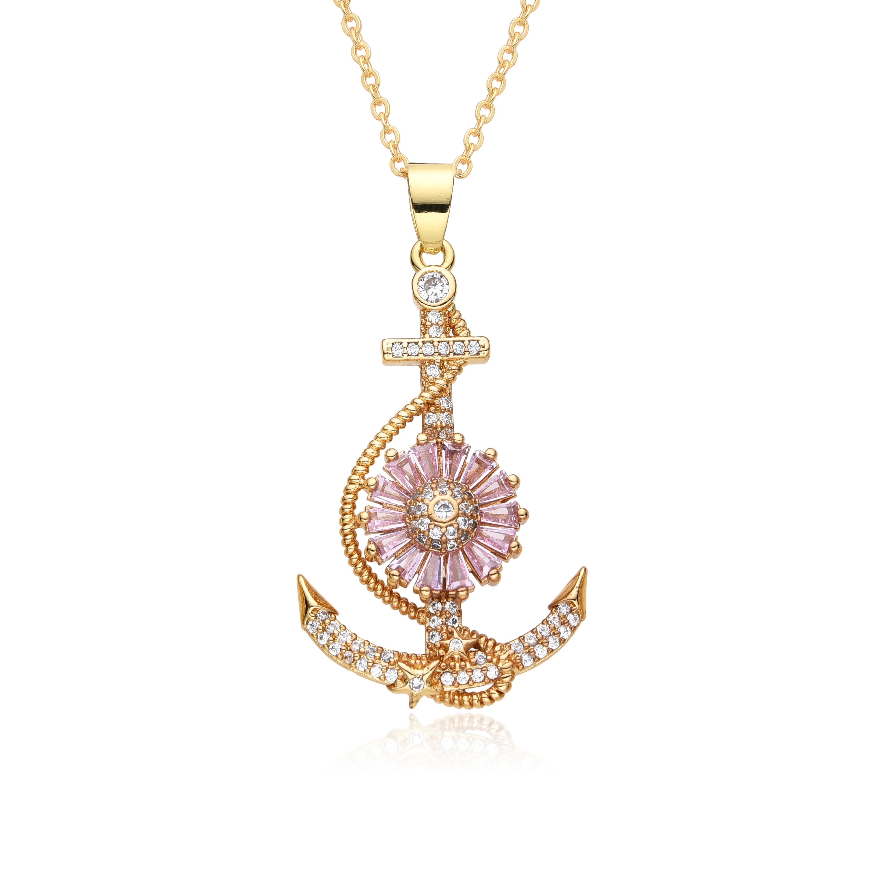 Gold Color Baseball Bat Charms Pink Inlaid CZ Anchor Spiked Awl Bullet Necklace for Women Choker Pendant DIY Jewelry Wholesale