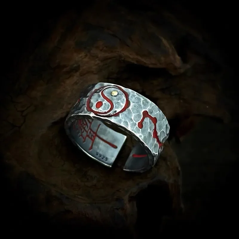 Retro Tai Chi Gossip Ring Trendy Personality Creative Sense Hammer Pattern Epoxy Index Finger Ring Simple Cold Wind Open Ring