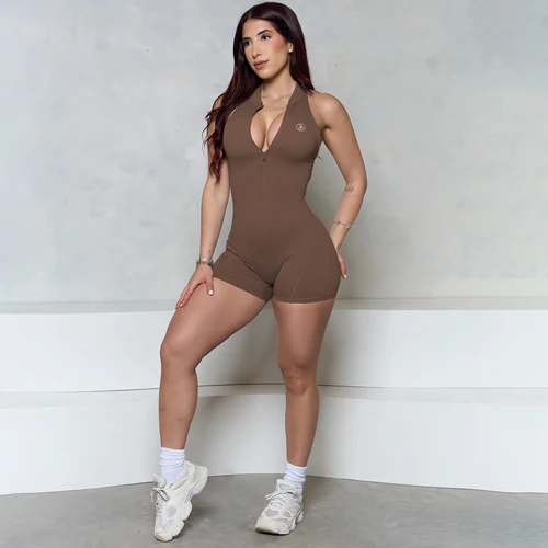 Imagen 1 del producto Allure la marca sin mangas con cremallera Scrunch Butt mameluco mujeres mono deportivo Lycra corto Fitness gimnasio monos ropa de entrenamiento