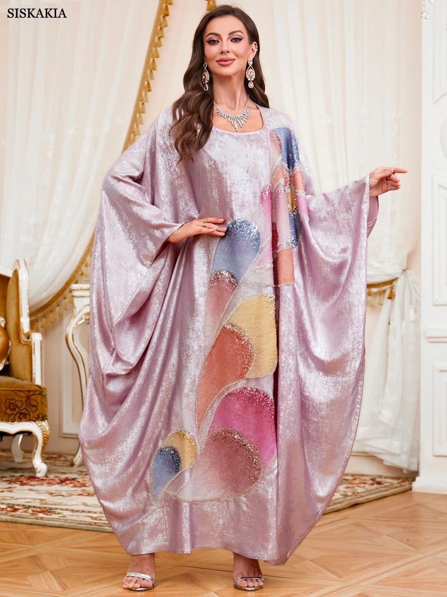 

Siskakia Dubai Sequins Luxury Women Abayas O-Neck Batwing Sleeve Kaftans Floral Print Caftan Marocain Femme