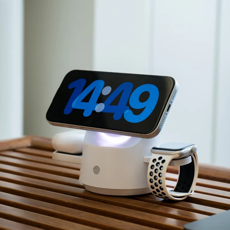 

Three-in-One Wireless Charger Stand Magnetic Absorption Bluetooth Wireless Earphones Smart Watch Holder Desktop Atmosphere Light