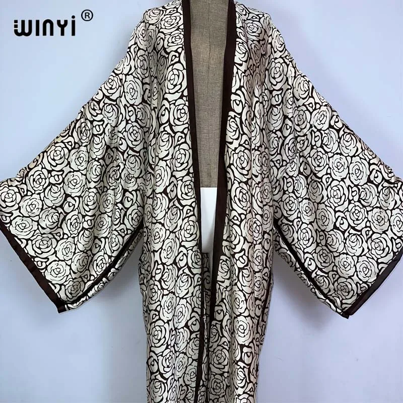 WINYI 2023 new summer beach cover up Retro printing boho Cardigan sexy Maxi Holiday long Sleeve KIMONO Africa silk feeling dress