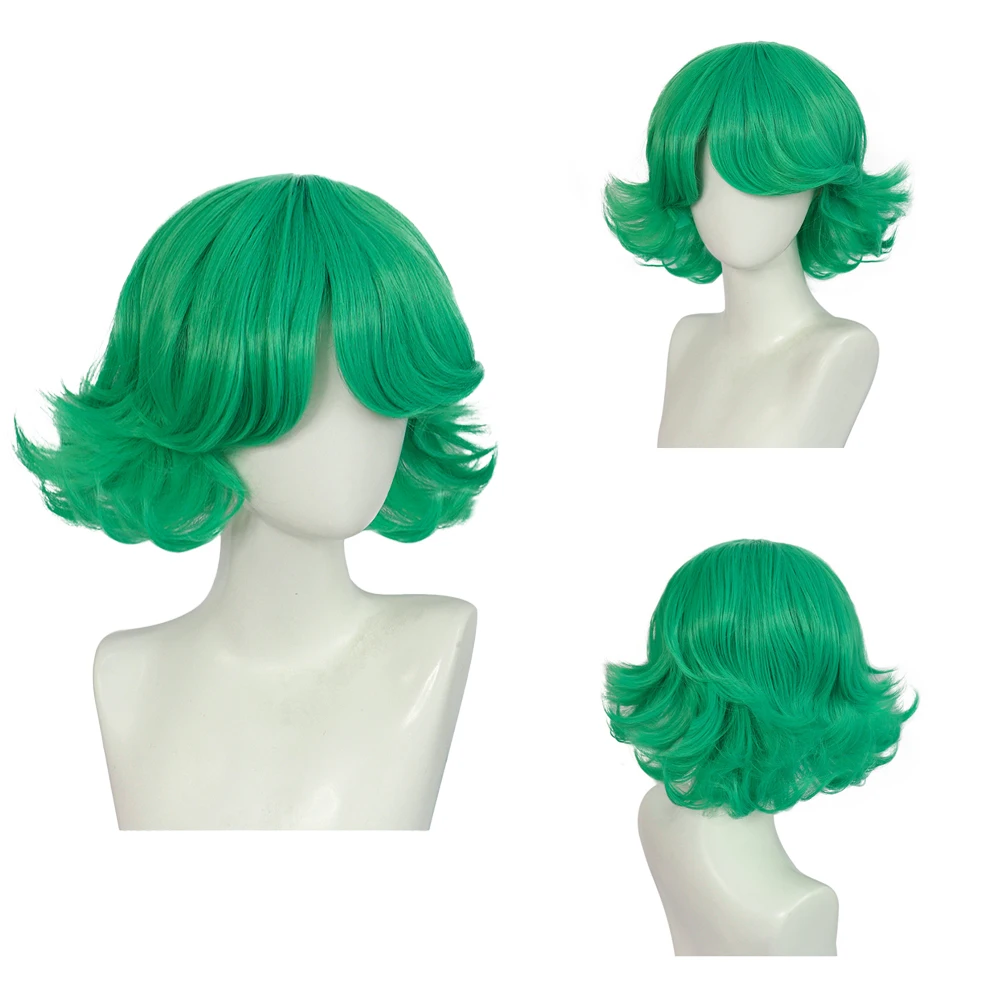 

High-Quality Anime One Punch Man‌‌ Tatsumaki Cosplay Synthetic Hair 12-Inch Green Short Curly Hair Halloween Daily Wig Natural