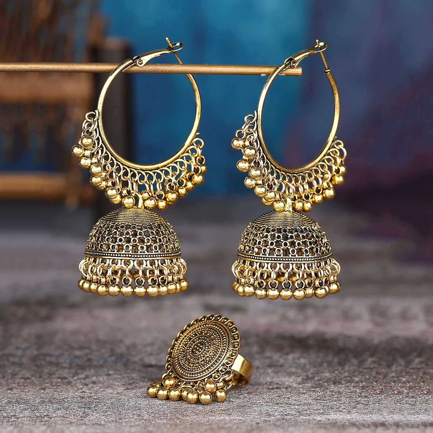 Ethnic Big Round Bells Tassel Earring Ring Set for Women Vintage Gold Plated Jewelry Sets Wedding Party Jewelry Accessories