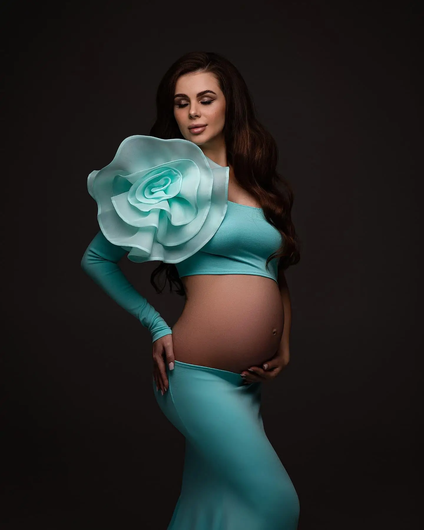 Elegance 3D Flower Mermaid Maternity Dress Photoshoot платье для беременных One Shoulder Cut-out Unique Baby Shower Dresses