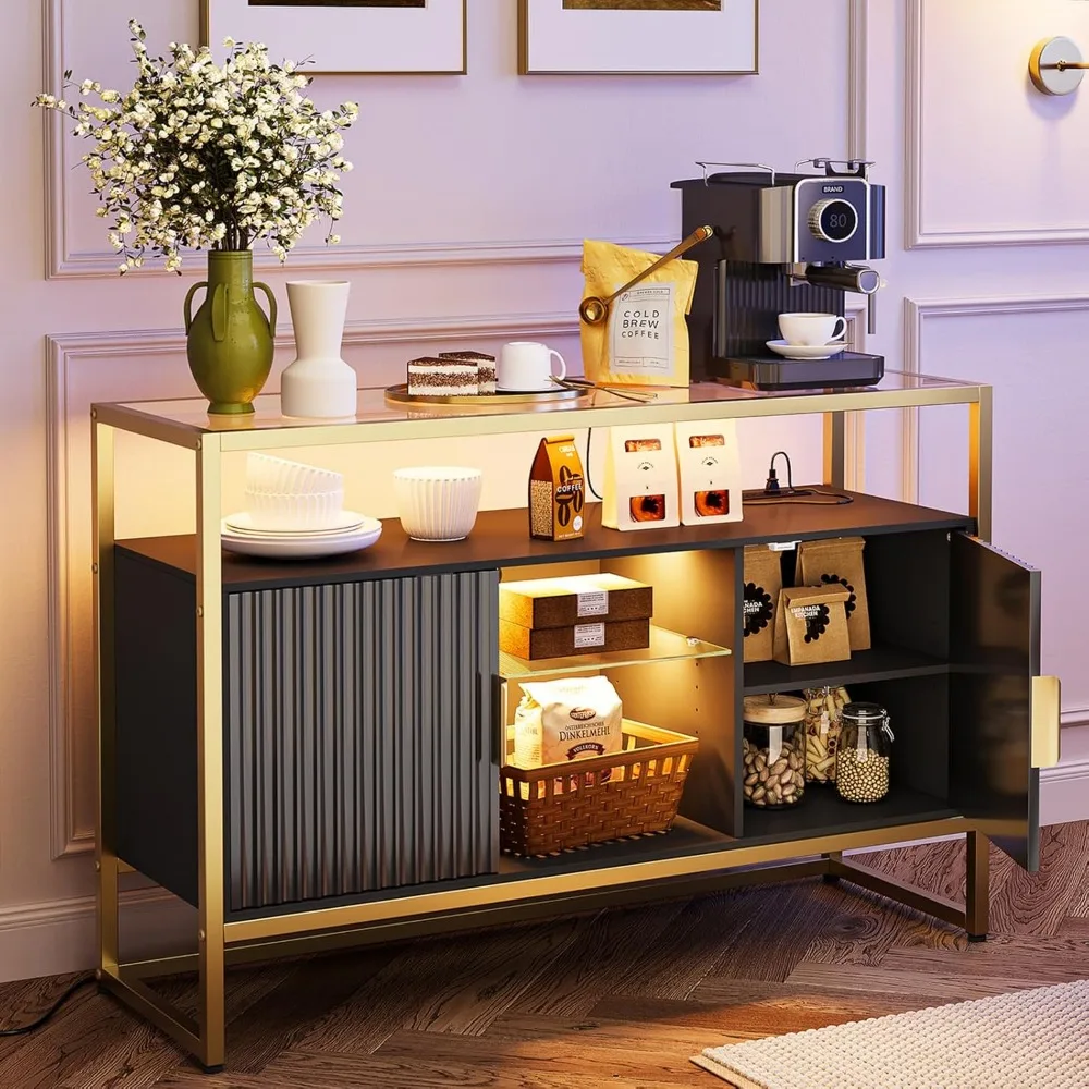 

Coffee Bar Cabinet with Power Outlet, 47" Modern Buffet Cabinet with Storage, Glass Shelves, and LED Light, Fluted Bar Cabinet