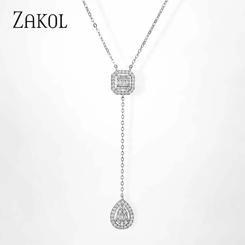 ZAKOLSimple square drop-shaped zirconia pendant Charm necklace fashion jewelry wedding for bride  Gift For Girlfriend FSNP2068