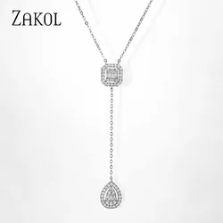 ZAKOLSimple square drop-shaped zirconia pendant Charm necklace fashion jewelry wedding for bride  Gift For Girlfriend FSNP2068