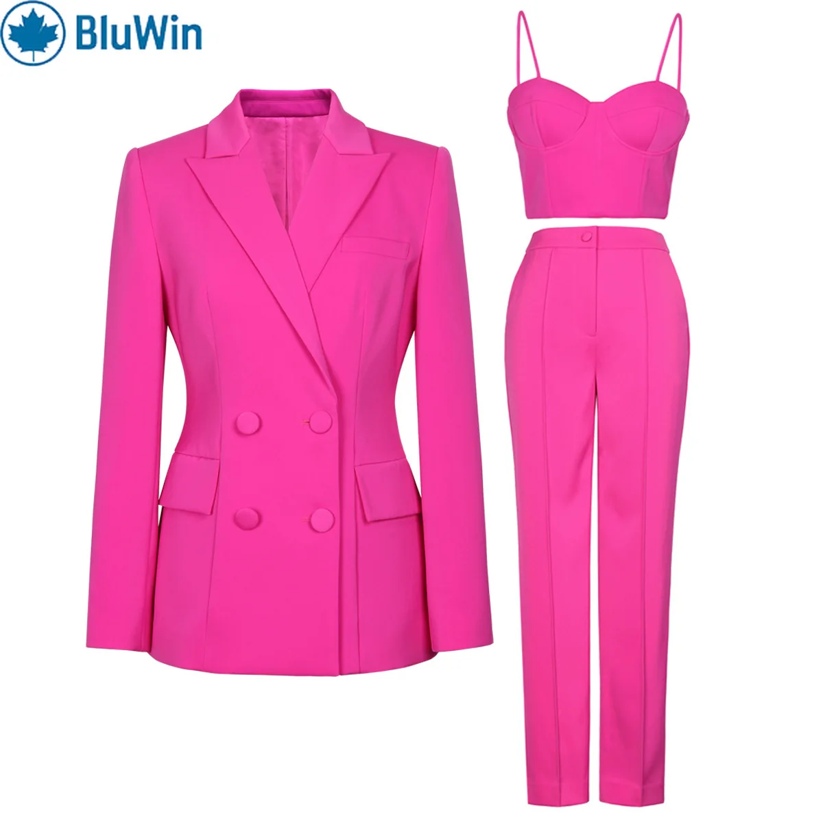 

URBANCHIC Three Piece Pants Suit Women Double Breasted Blazer Bustier Crop Top and High Waist Trousers Hot Pink