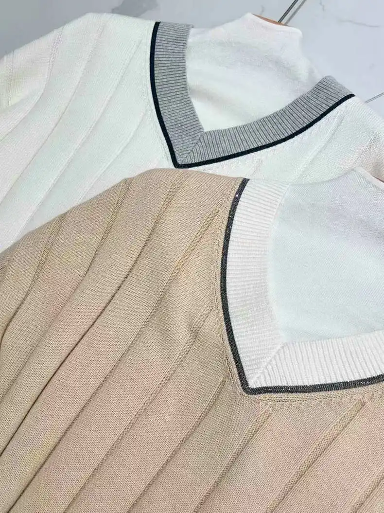 Suéter de punto de algodón nuevo de otoño e invierno para mujer suéter con cuello en V de Color contrastante