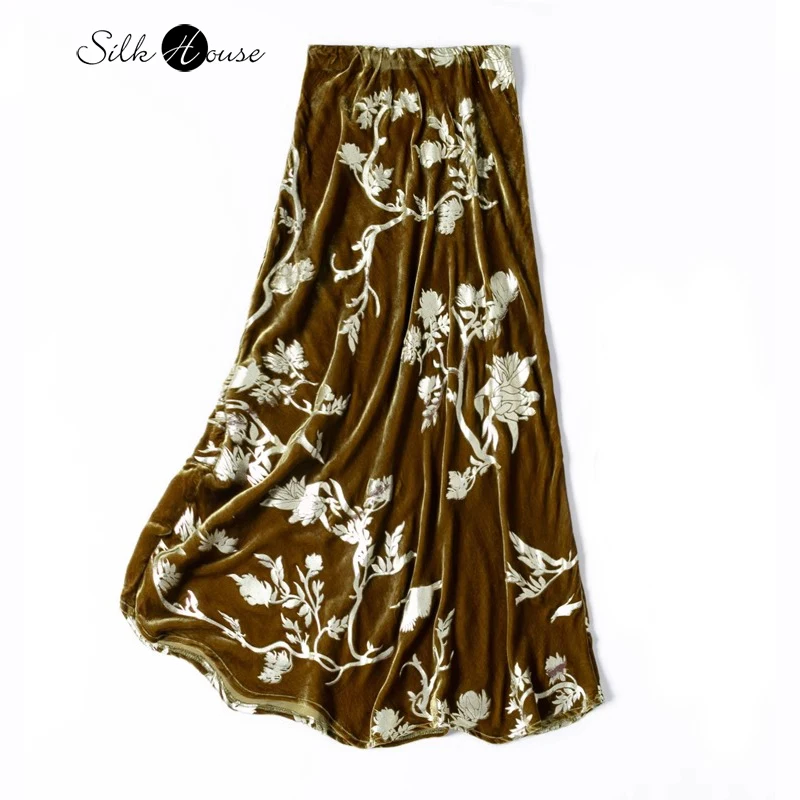 

2024 Women's Fashion Autumn New 30% Natural Mulberry Silk Velvet Gorgeous Gold Spray Printed Oblique Cut Bag Hip Skirt