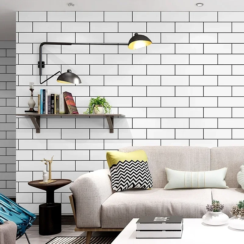 Nordic black and white plaid wallpaper brick pattern white brick imitation brick milk tea shop brick clothing shop restaurant