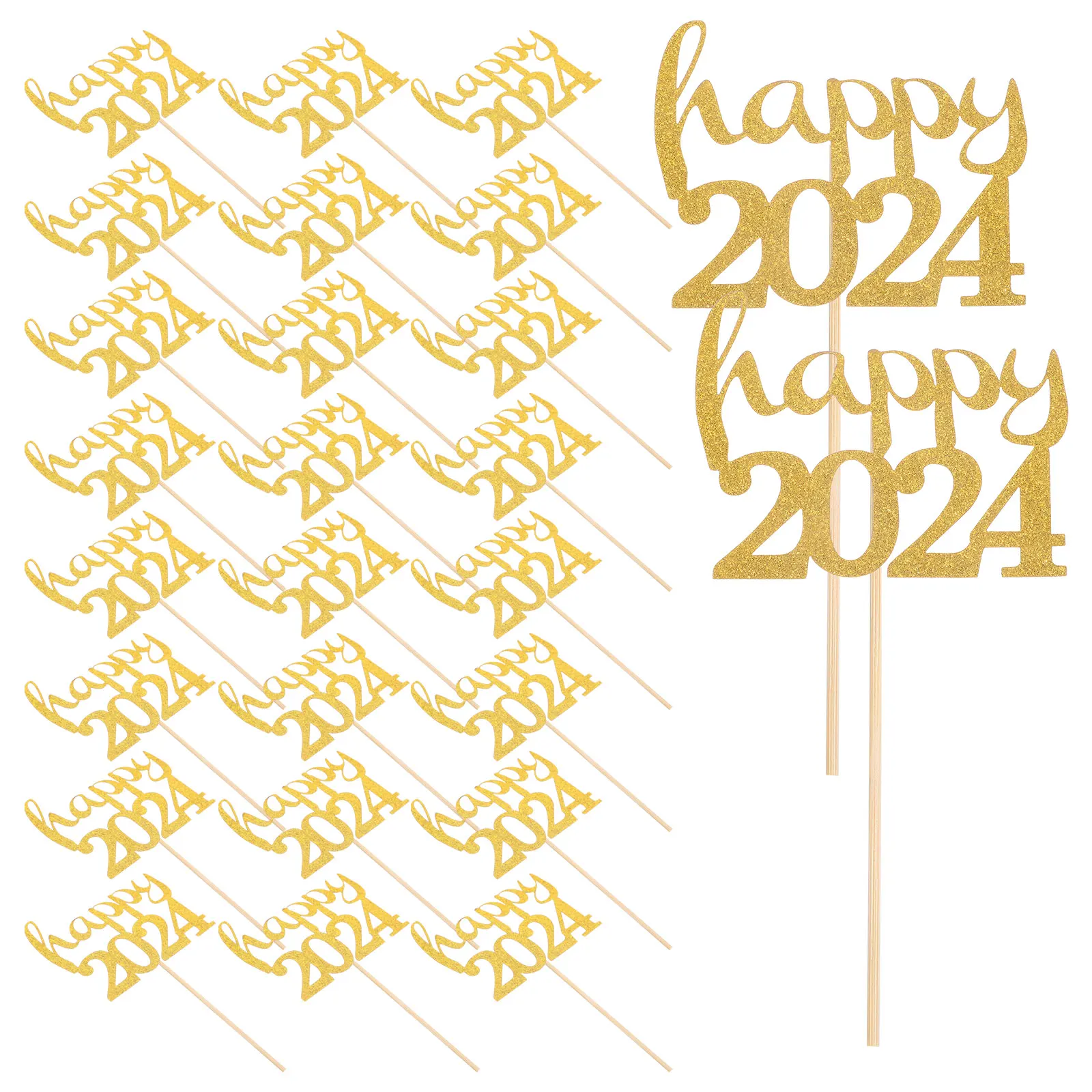 

30pcs Cake Decorations 2024 Glitter Cupcake Toppers Happy New Year Party Cake Ornaments Reusable Dessert Decorations