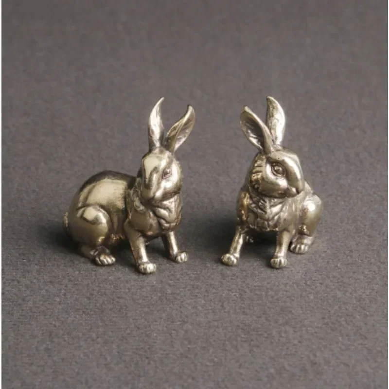 

1PCS Brass rabbit a pair of desktop ornaments Zodiac rabbit vintage tea favor handle pieces old copper crafts