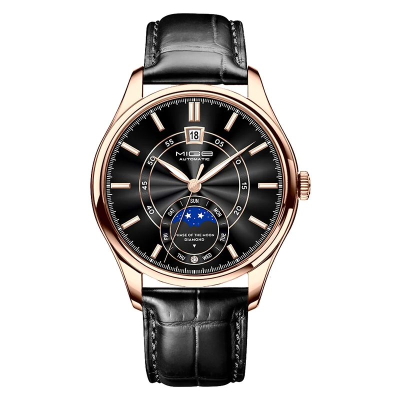 

MIGE brand business black dial steel mechanical men watch japan movement waterproof automatic leatherNight light mens watches
