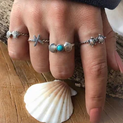 Vintage Fashion Animal Style Summer Beach Starfish Shell Turtle 4-piece Combination Women's Ring Set Jewelry