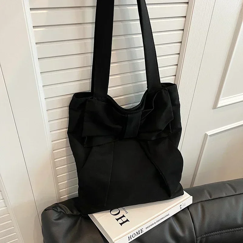 Canvas Bow Pupil Shoulder Bag Fashionable Simple Slack Women's Bag Underarm 2024 New Maiden All-match Handbag Bolso De Hombro