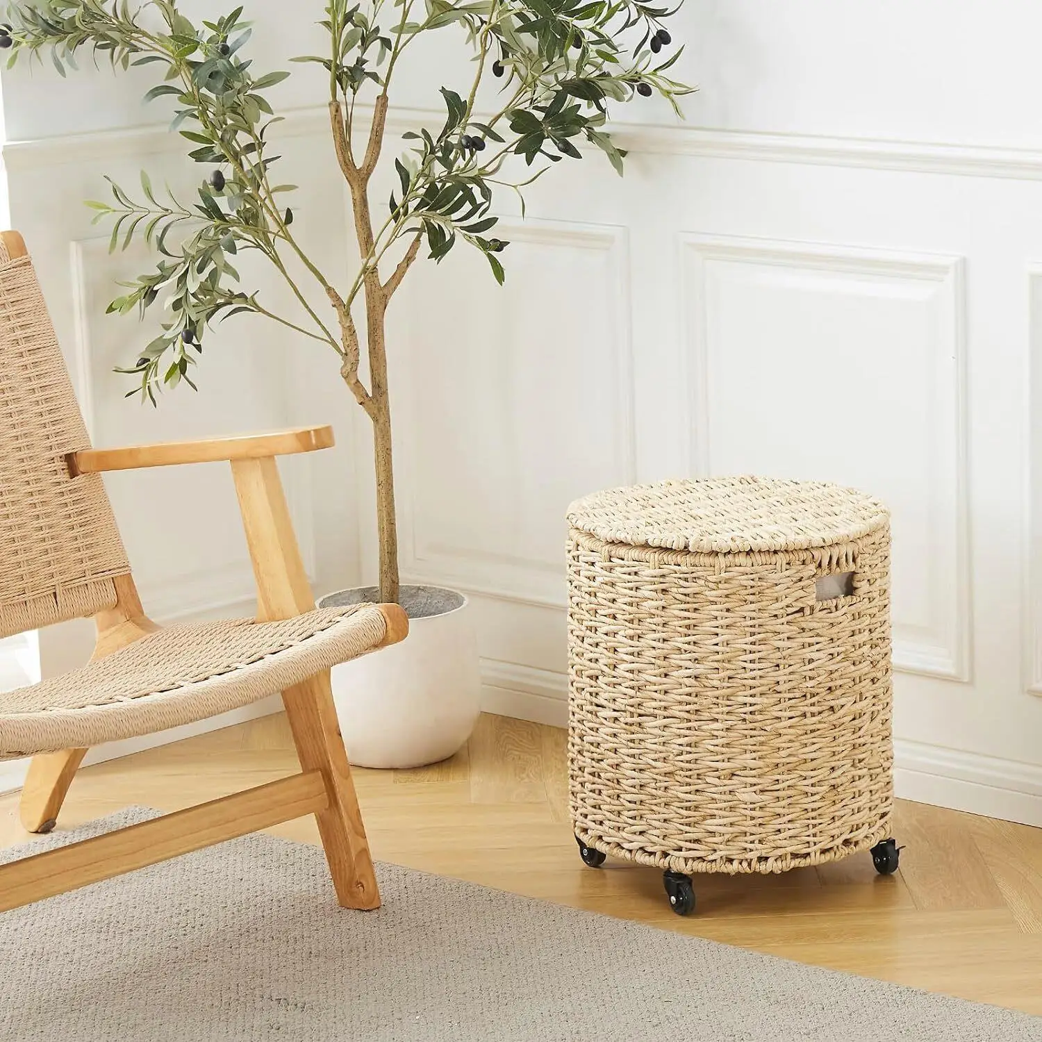 Vintage Rolling Storage Basket with Lid & Wheels - Braided Laundry Bin, Multi-Use Toy & Clothes Organizer for living Room