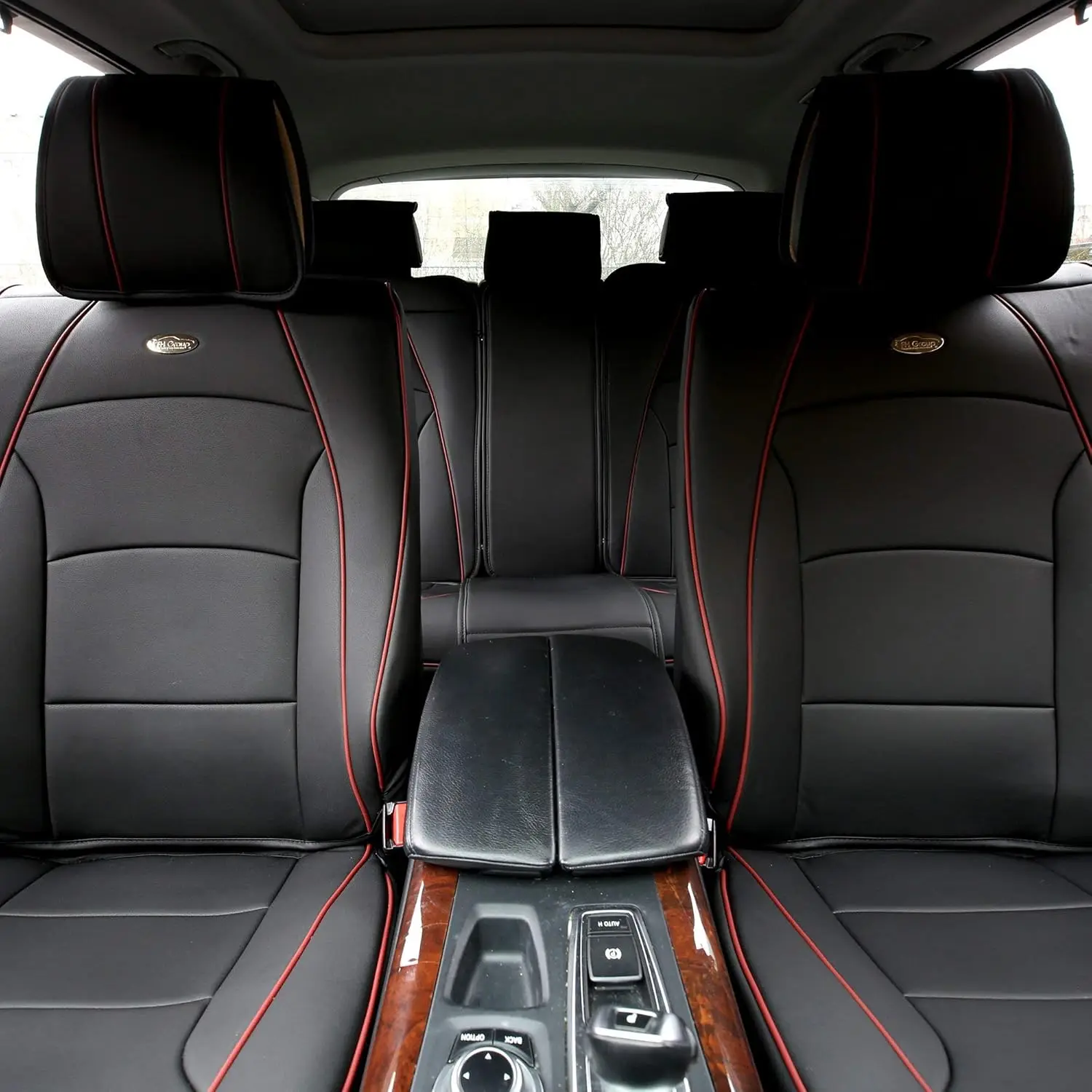 

Ultra Comfort Highest Grade Faux Leather Full Set Car Seat Cushions- Universal Fit for Cars Trucks & SUVs (Black Red Trim)
