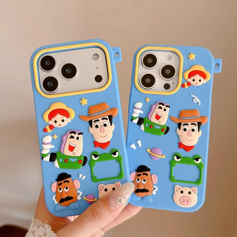 3D Cartoon Silicone Phone Case with Wrist Strap for iPhone 17 16 15 13 Pro Max Toy Story Cute Shockproof Protective Back Cover